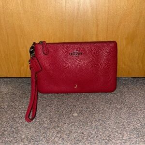 Coach Red Pebbled Leather Small Wristlet with Gold Moon Embossing- EUC.